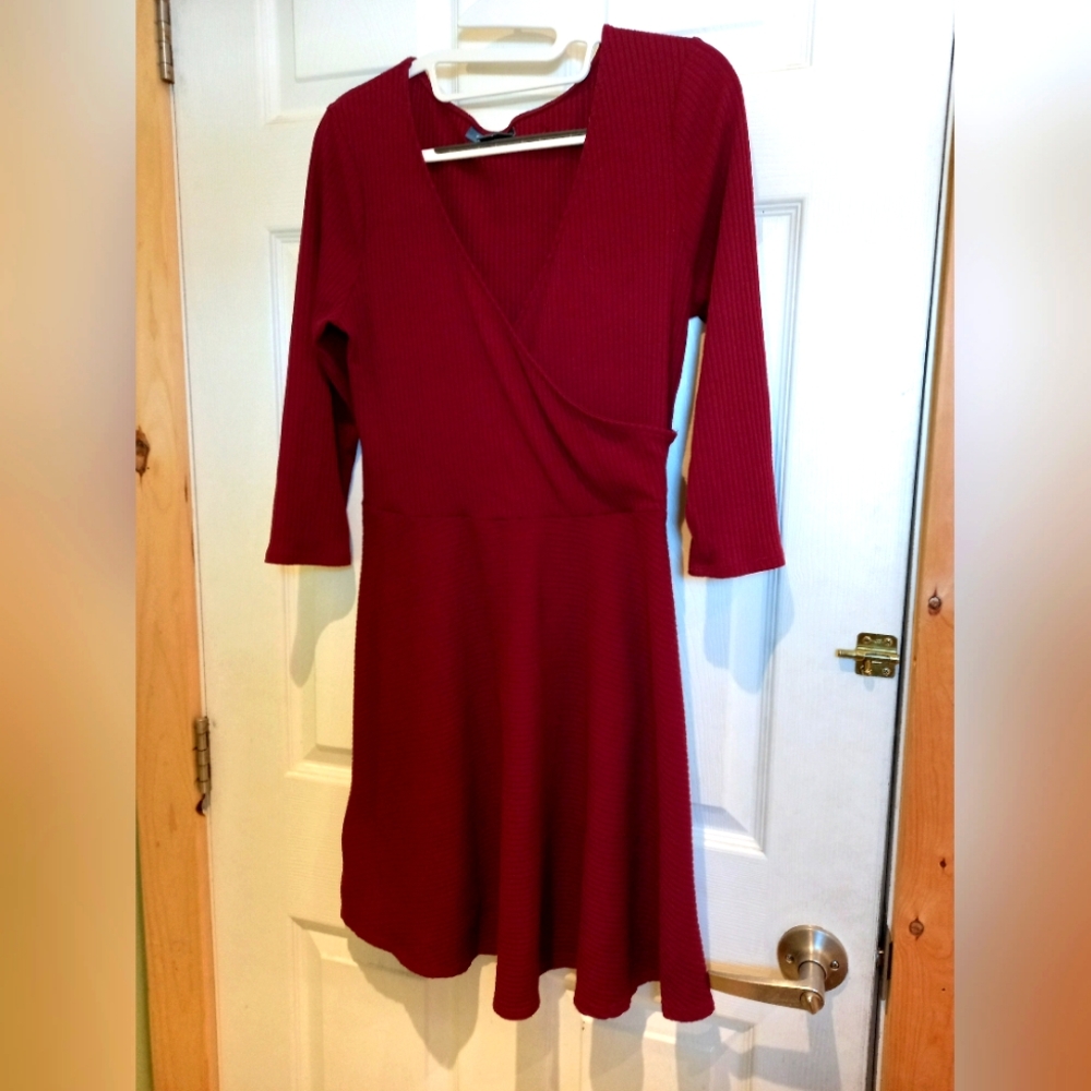 Deep Red Ribbed Women's Mini Dress